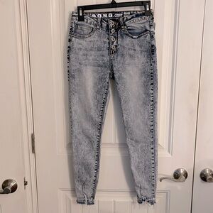 High Rise Button Fly S.O.N.G Curvy Shark Bite‎ Skinny Jeans women’s Sz 27 Blue